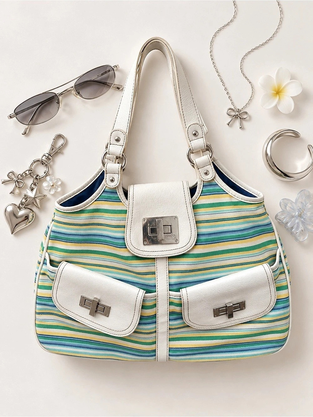 Vintage Merona Collection Striped Shoulder Bag Double Pocket Purse Y2K Retro